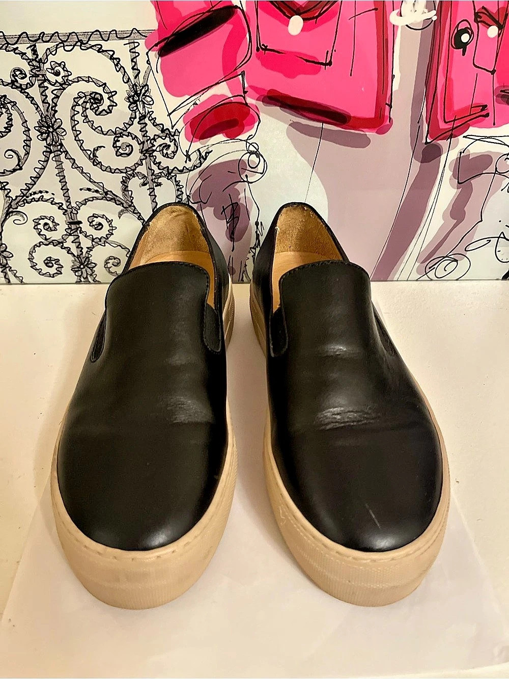 FRAME Black Leather Platform Slip-On Sneakers Women's EU 36 US 6 Cream Sole